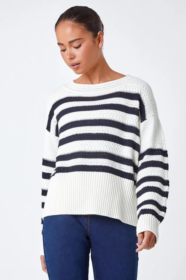 Women Navy Petite Stripe Print Textured Jumper Roman Knitwear