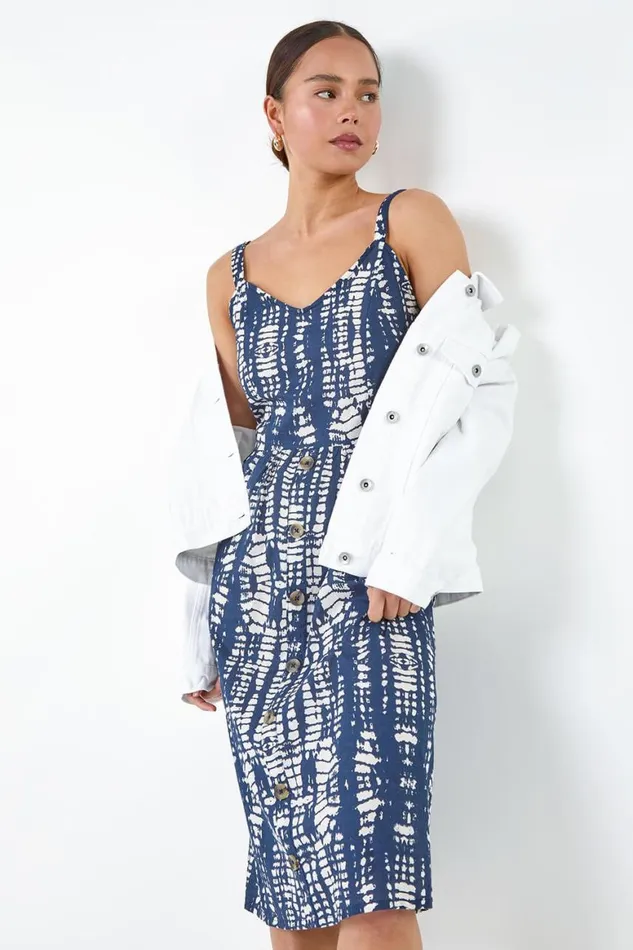 Women Navy Petite Tie Dye Button Front Dress Roman Dresses