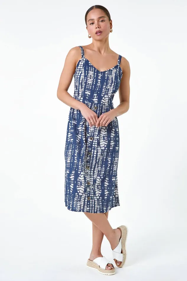 Women Navy Petite Tie Dye Button Front Dress Roman Dresses