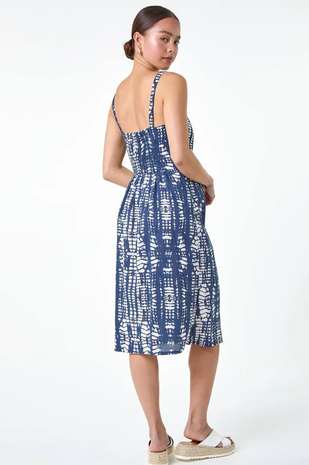 Women Navy Petite Tie Dye Button Front Dress Roman Dresses