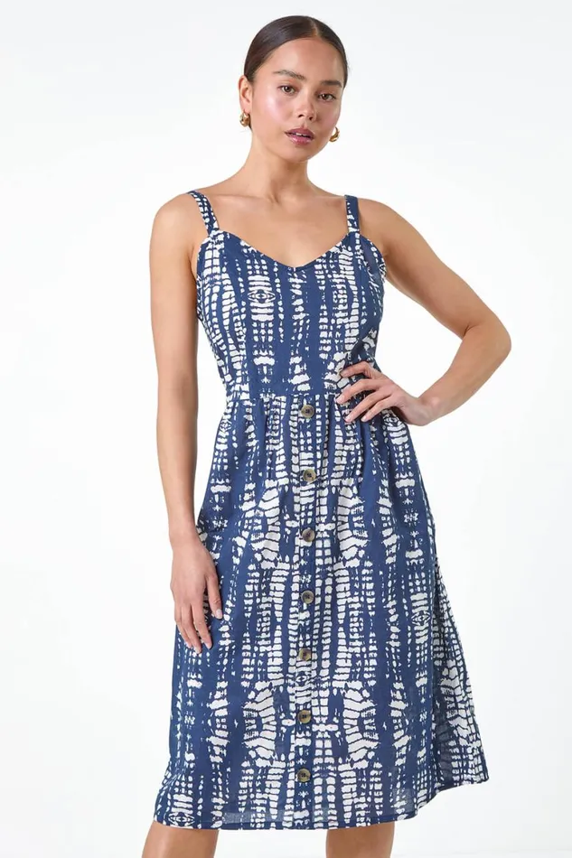 Women Navy Petite Tie Dye Button Front Dress Roman Dresses