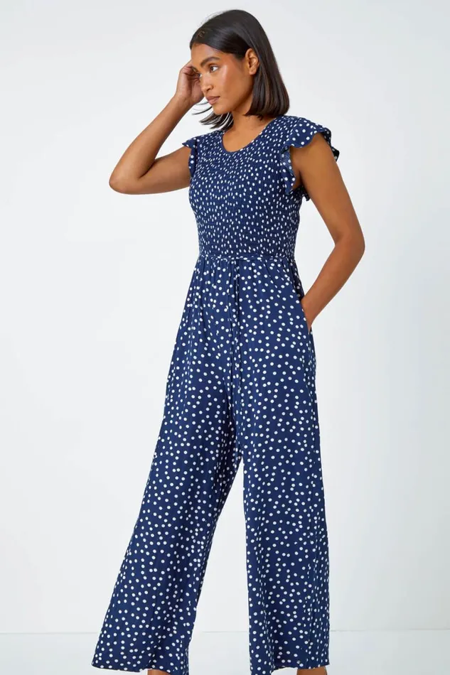 Women Navy Polka Dot Shirred Pocket Jumpsuit Roman Jumpsuits and Playsuits