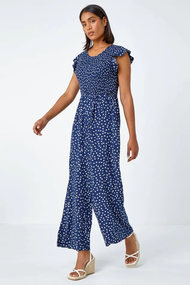 Women Navy Polka Dot Shirred Pocket Jumpsuit Roman Jumpsuits and Playsuits