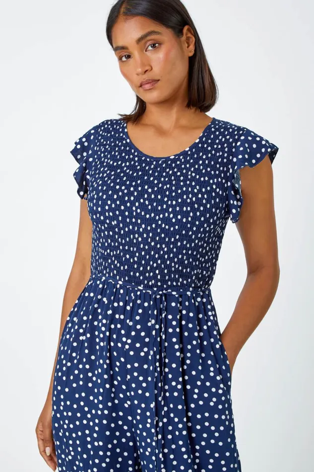 Women Navy Polka Dot Shirred Pocket Jumpsuit Roman Jumpsuits and Playsuits
