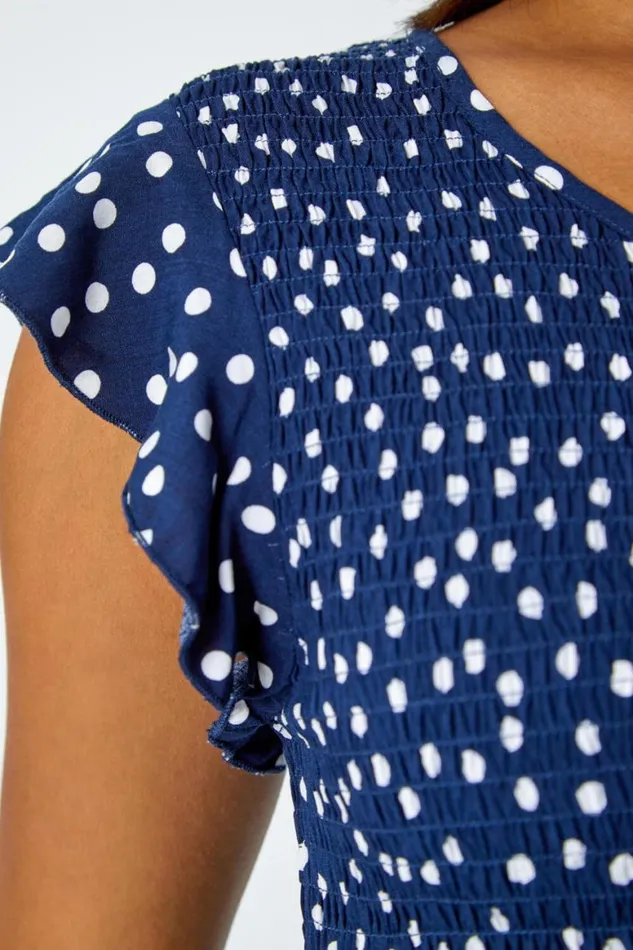 Women Navy Polka Dot Shirred Pocket Jumpsuit Roman Jumpsuits and Playsuits