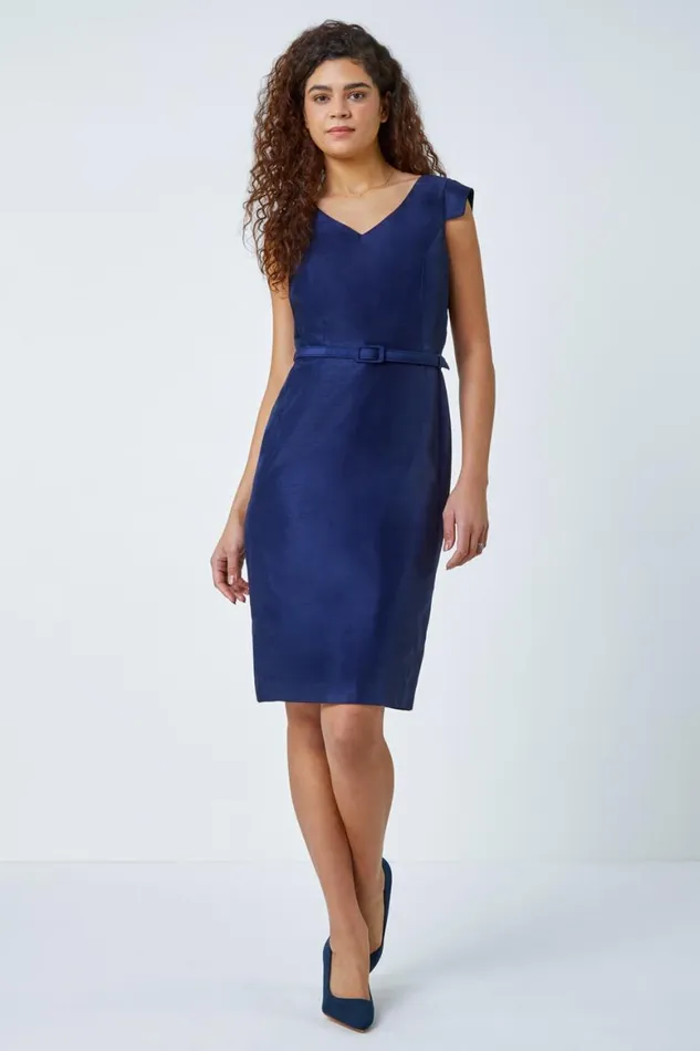 Women Navy Satin Look Belted Shift Dress Roman Dresses