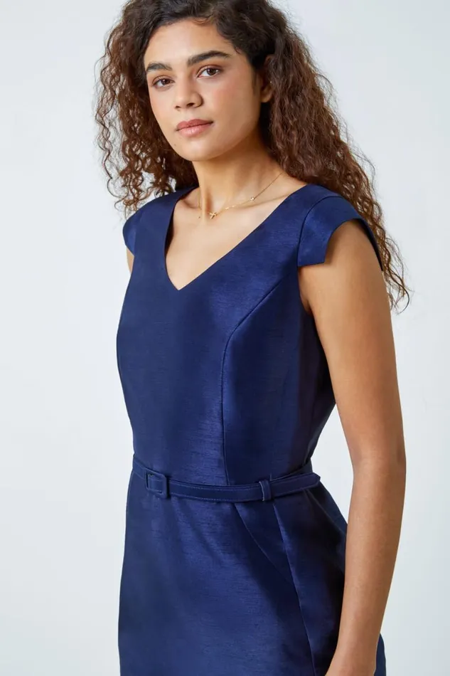 Women Navy Satin Look Belted Shift Dress Roman Dresses