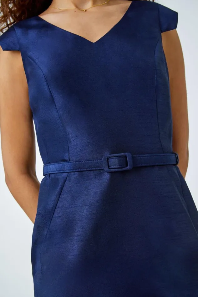 Women Navy Satin Look Belted Shift Dress Roman Dresses