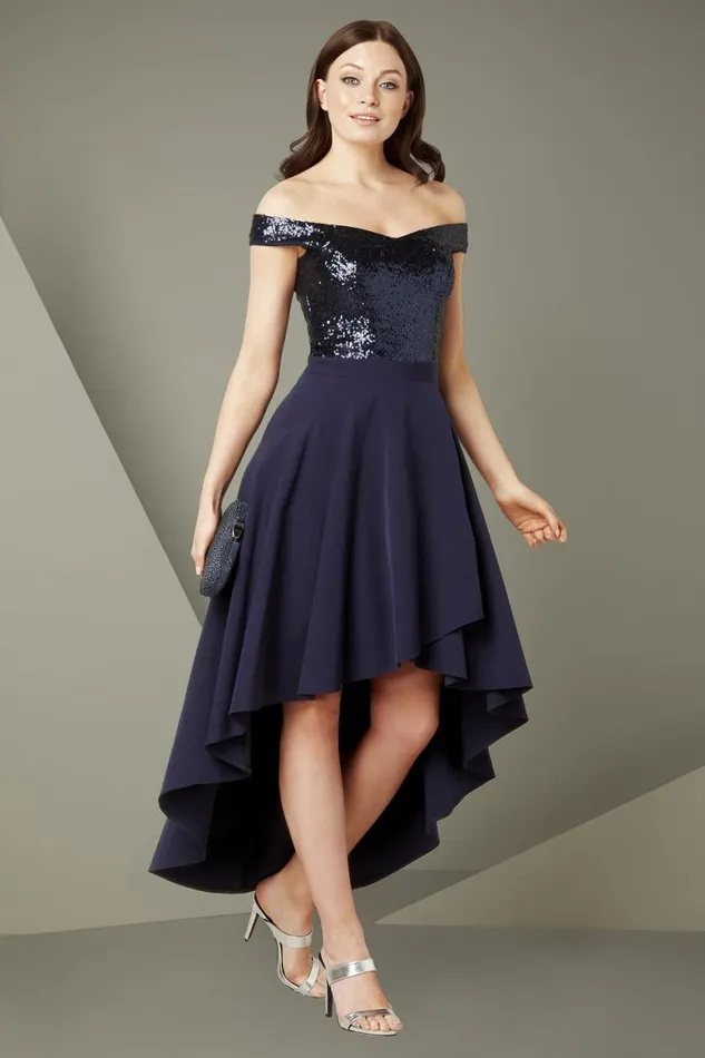Women Navy Sequin Bardot Gown Roman Dresses