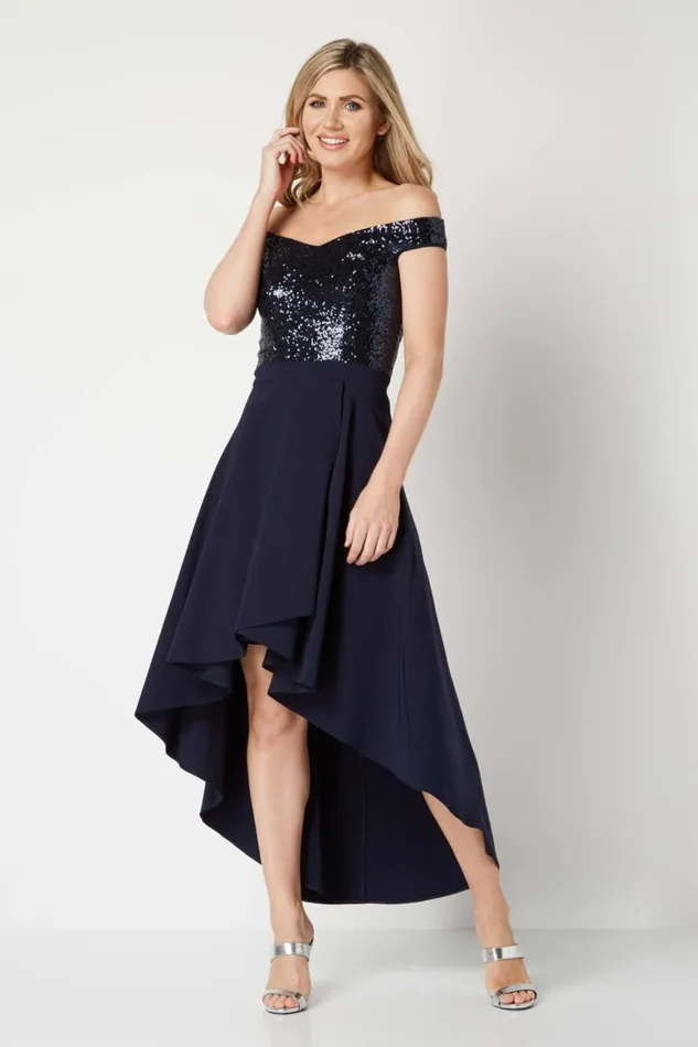 Women Navy Sequin Bardot Gown Roman Dresses