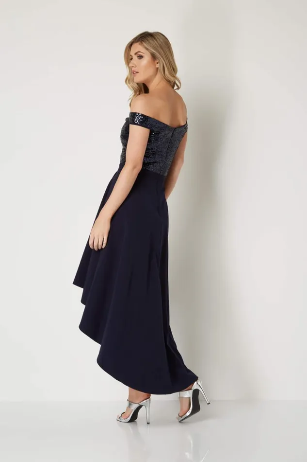 Women Navy Sequin Bardot Gown Roman Dresses