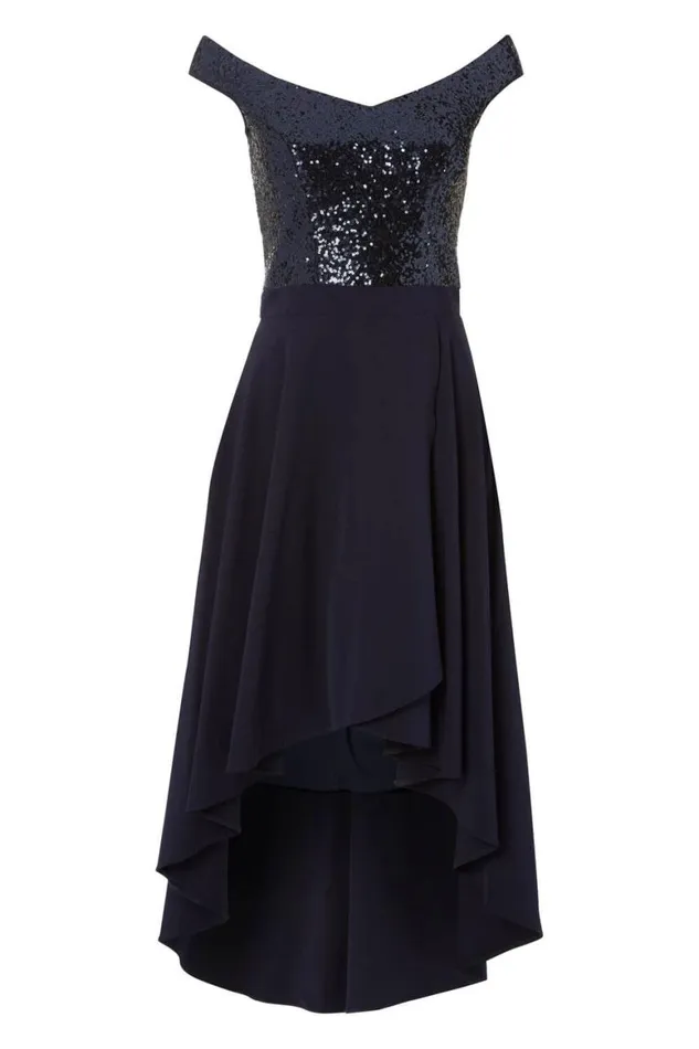 Women Navy Sequin Bardot Gown Roman Dresses