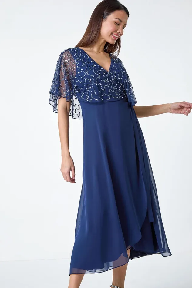 Women Navy Sequin Embellished Maxi Wrap Dress Roman Dresses
