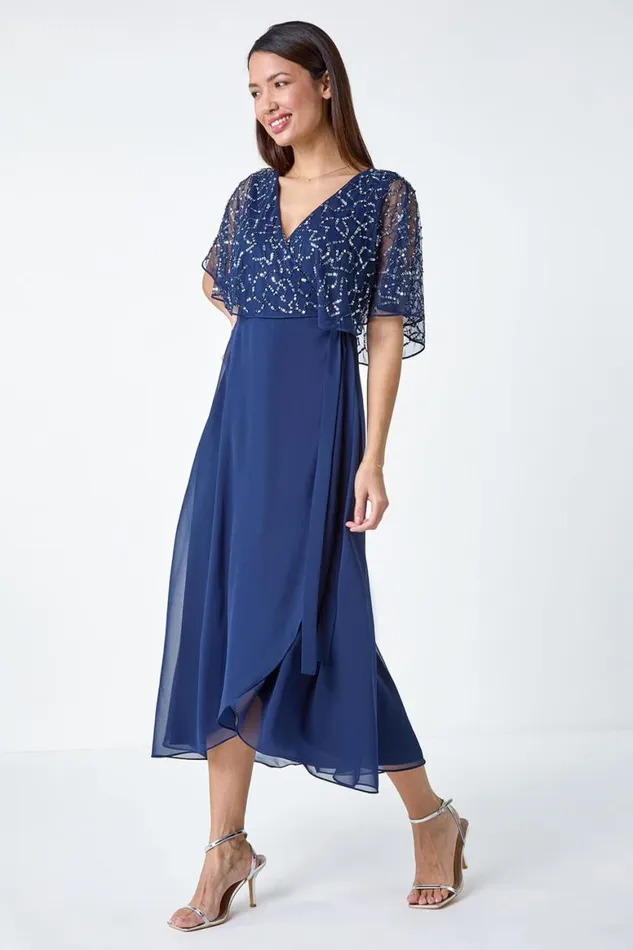 Women Navy Sequin Embellished Maxi Wrap Dress Roman Dresses