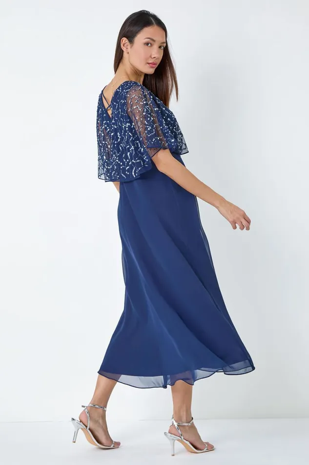 Women Navy Sequin Embellished Maxi Wrap Dress Roman Dresses