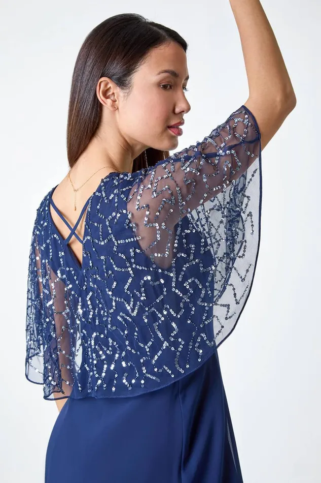 Women Navy Sequin Embellished Maxi Wrap Dress Roman Dresses