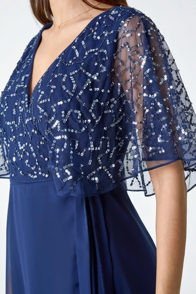 Women Navy Sequin Embellished Maxi Wrap Dress Roman Dresses
