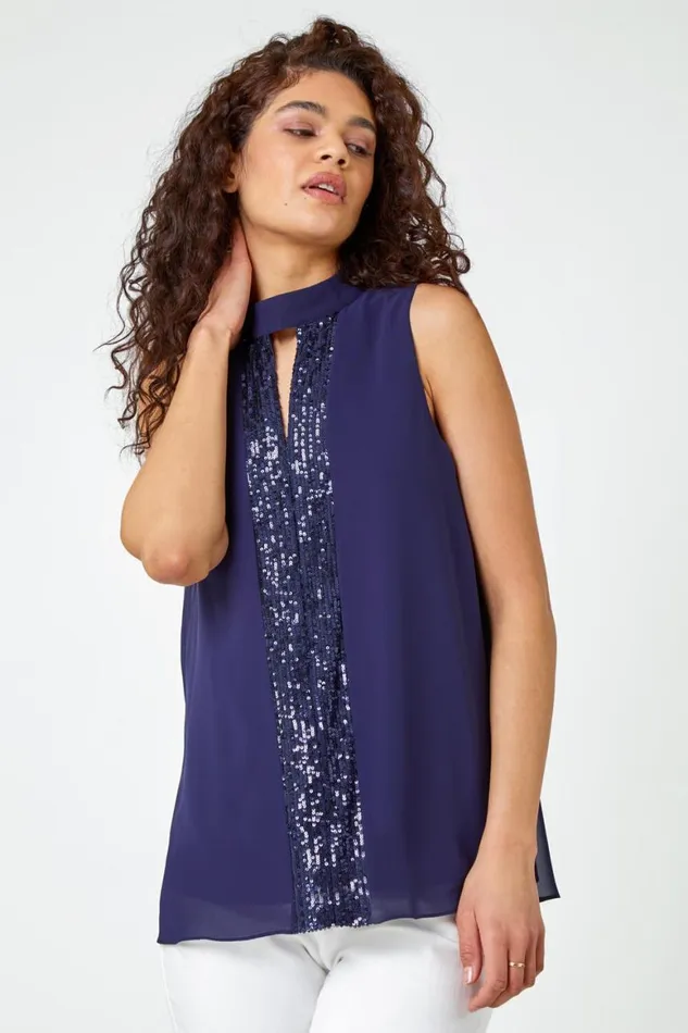 Women Navy Sleeveless High Neck Sequin Chiffon Top Roman Tops