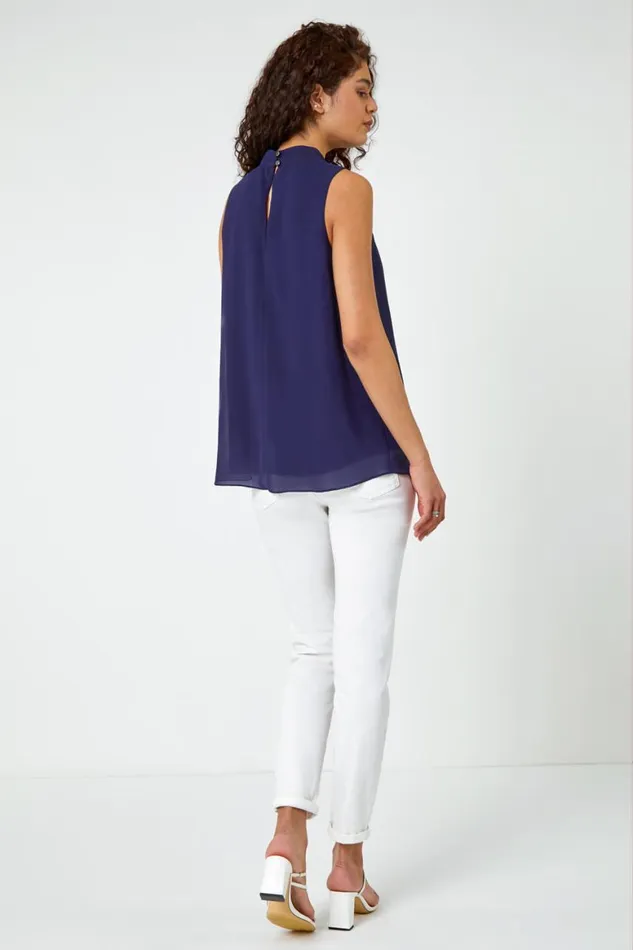 Women Navy Sleeveless High Neck Sequin Chiffon Top Roman Tops