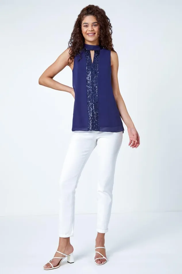Women Navy Sleeveless High Neck Sequin Chiffon Top Roman Tops