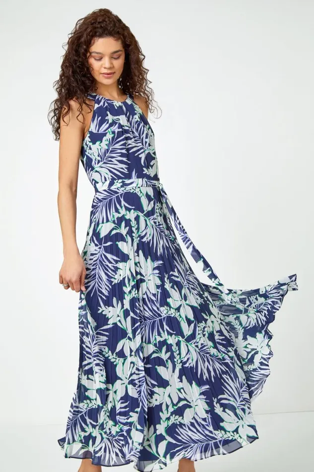 Women Navy Sleeveless Palm Print Pleated Chiffon Dress Roman Dresses