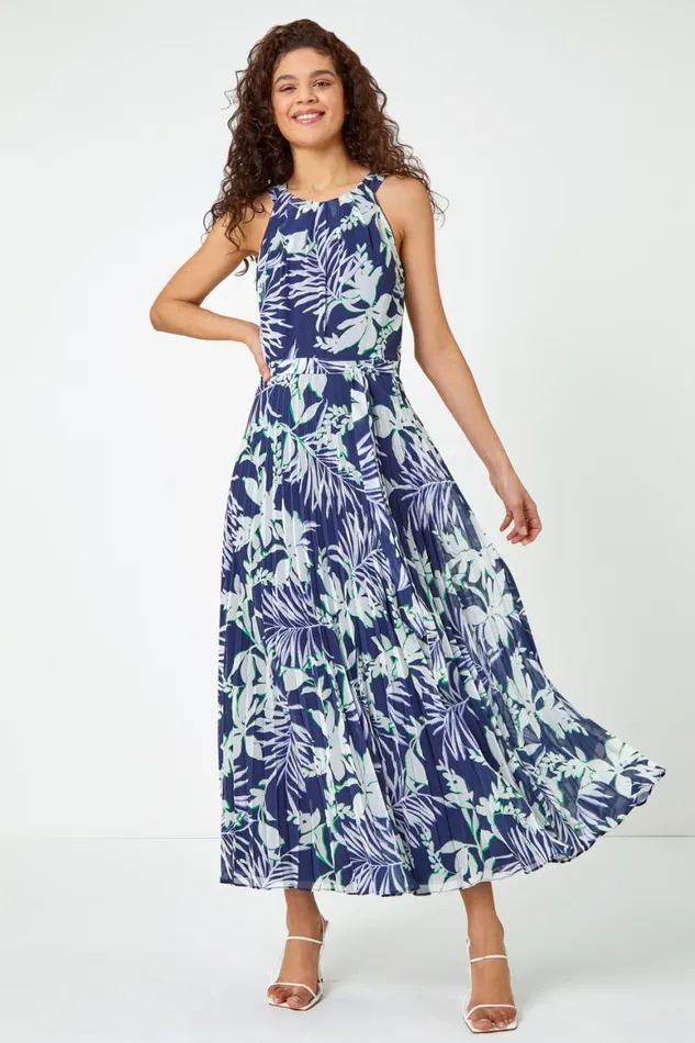 Women Navy Sleeveless Palm Print Pleated Chiffon Dress Roman Dresses