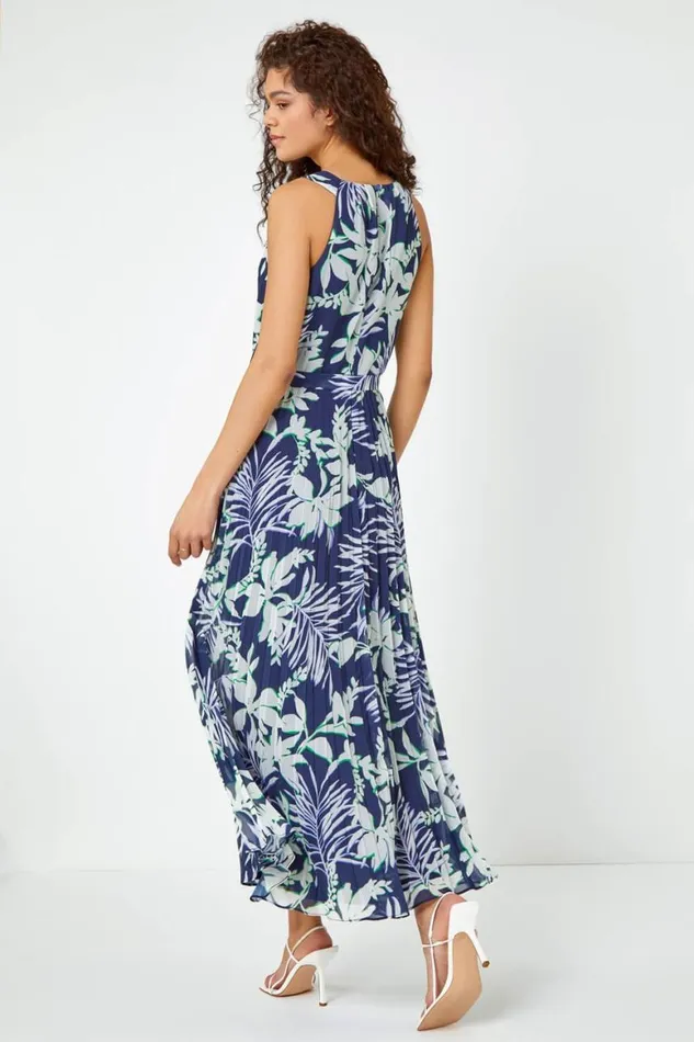 Women Navy Sleeveless Palm Print Pleated Chiffon Dress Roman Dresses