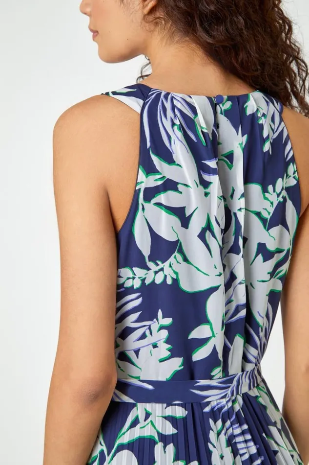 Women Navy Sleeveless Palm Print Pleated Chiffon Dress Roman Dresses