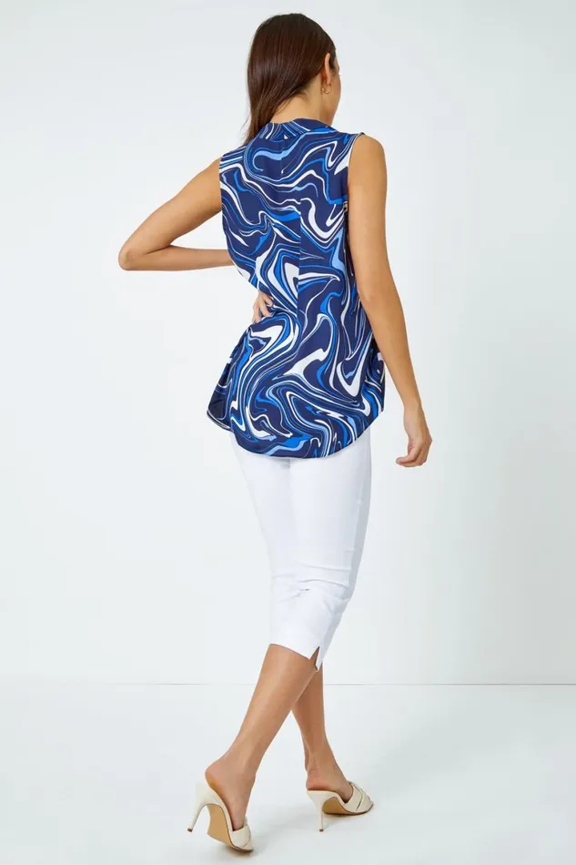 Women Navy Sleeveless Swirl Print VNeck Chiffon Blouse Roman Tops