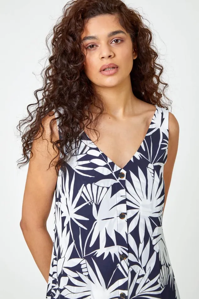 Women Navy Sleeveless VNeck Palm Print Button Cami Roman Tops
