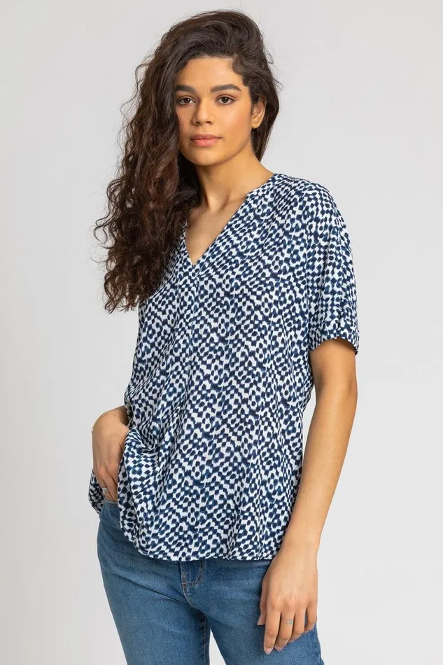 Women Navy Spot Print VNeck Tunic Top Roman Tops