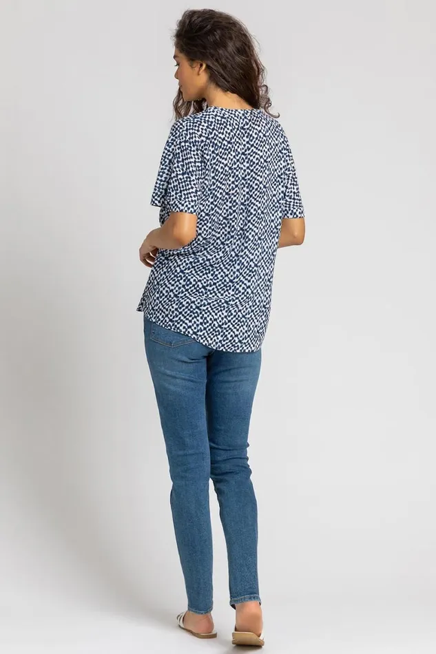 Women Navy Spot Print VNeck Tunic Top Roman Tops