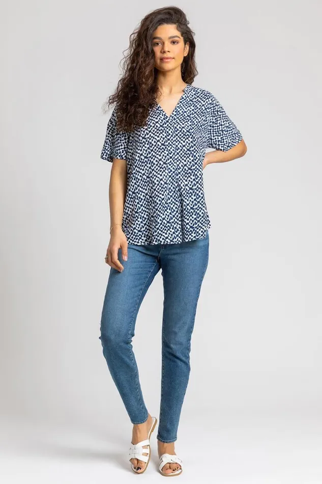 Women Navy Spot Print VNeck Tunic Top Roman Tops
