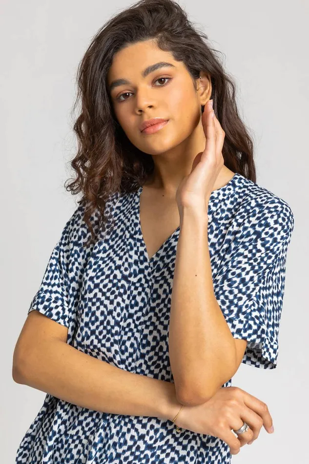 Women Navy Spot Print VNeck Tunic Top Roman Tops