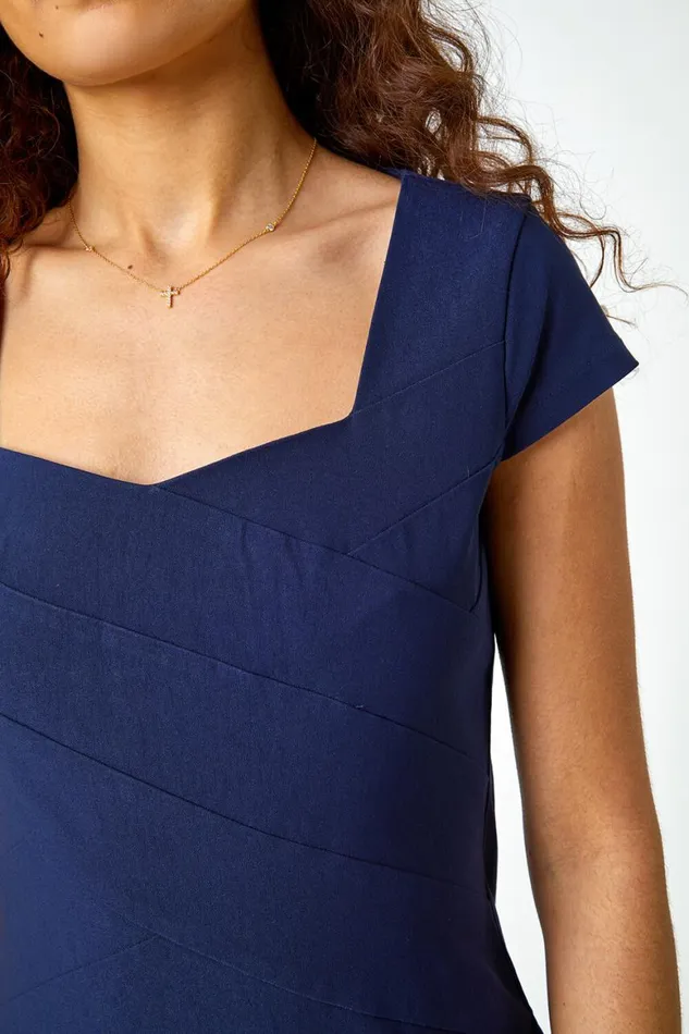 Women Navy Sweetheart Neck Fitted Stretch Dress Roman Dresses
