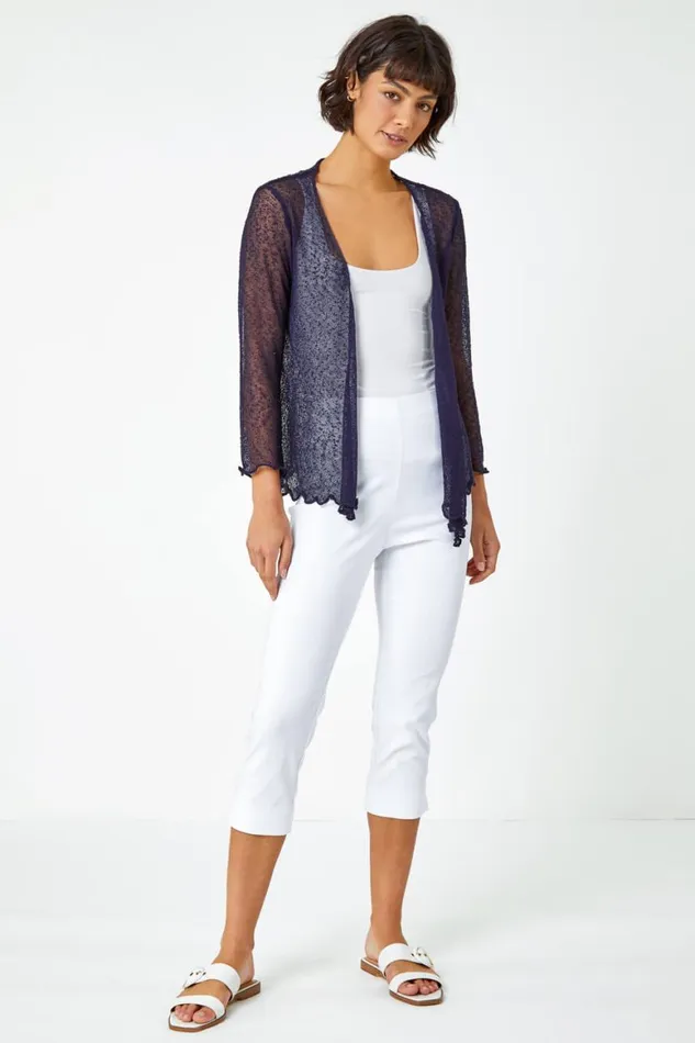 Women Navy Textured Pointelle Detail Shrug Roman Occasionwear