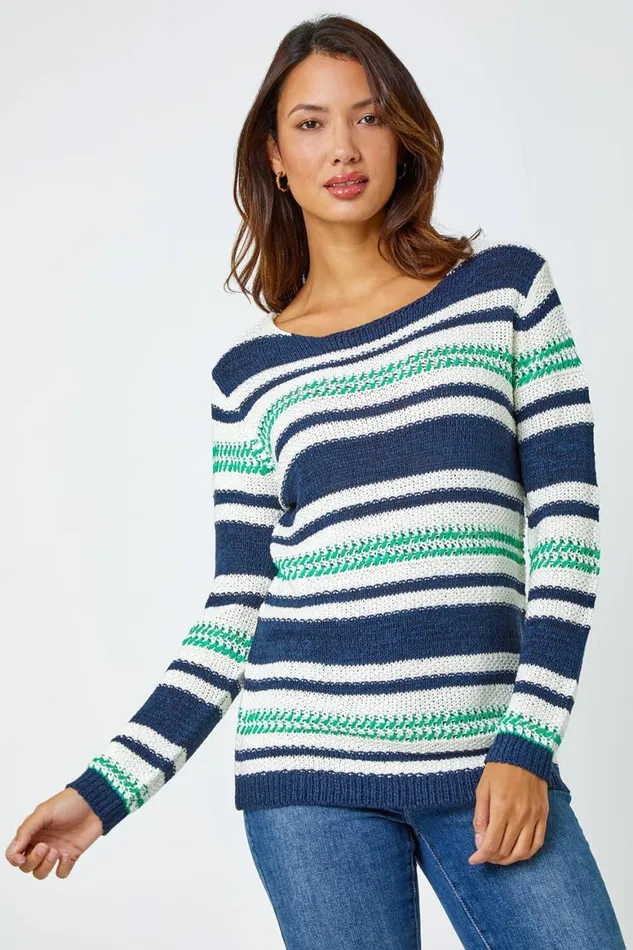 Women Navy Textured Striped Jumper Roman Knitwear