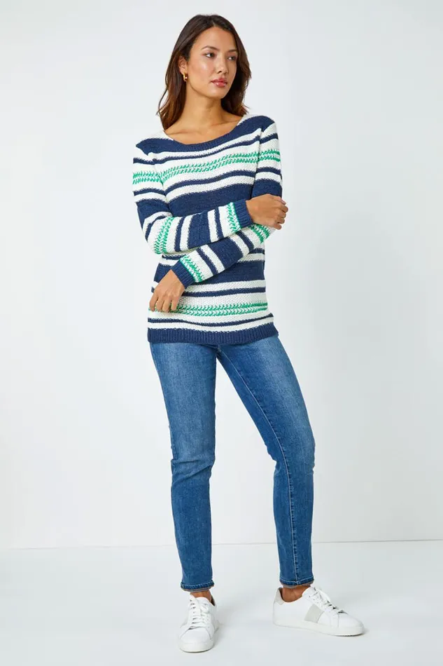 Women Navy Textured Striped Jumper Roman Knitwear