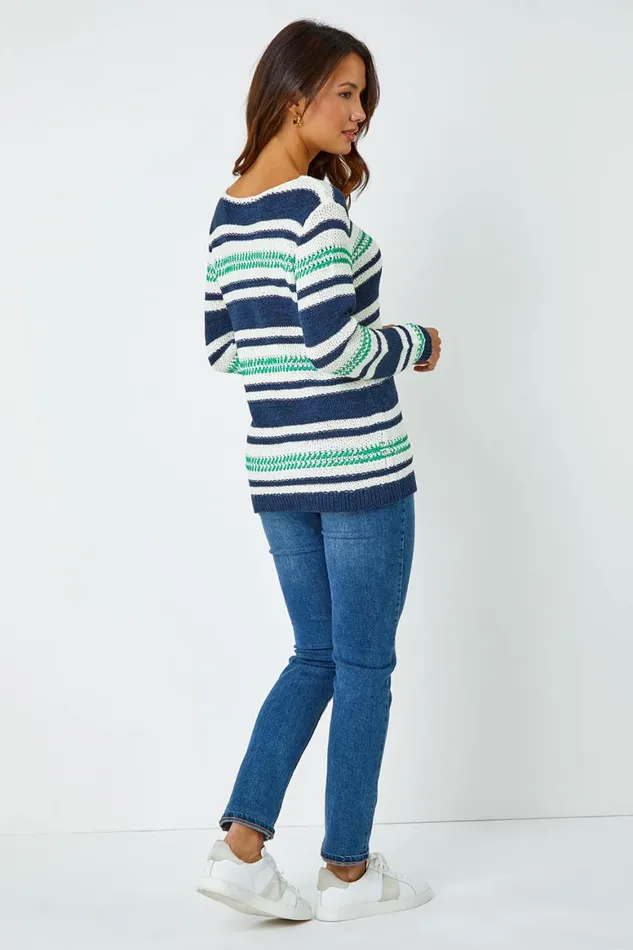 Women Navy Textured Striped Jumper Roman Knitwear