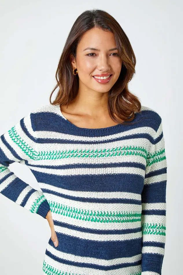 Women Navy Textured Striped Jumper Roman Knitwear