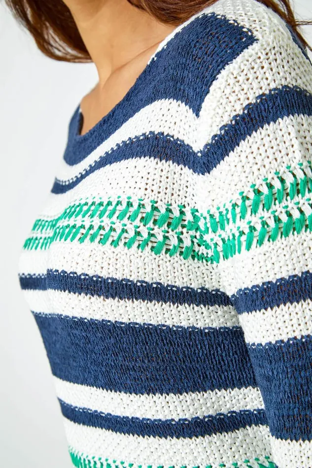 Women Navy Textured Striped Jumper Roman Knitwear
