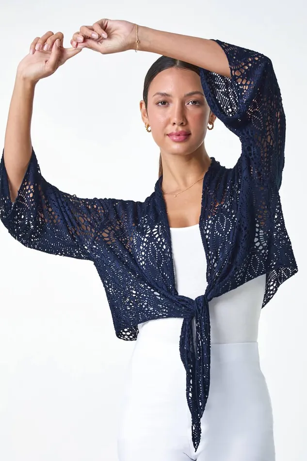 Women Navy Tie Front Stretch Crochet Cardigan Roman Tops