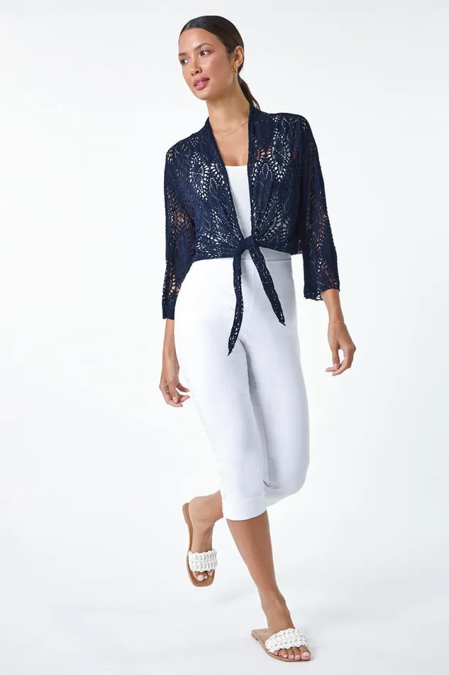 Women Navy Tie Front Stretch Crochet Cardigan Roman Tops