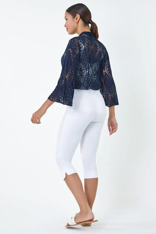 Women Navy Tie Front Stretch Crochet Cardigan Roman Tops