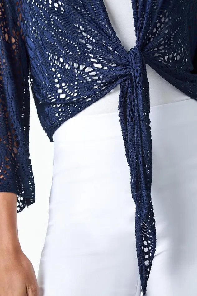 Women Navy Tie Front Stretch Crochet Cardigan Roman Tops