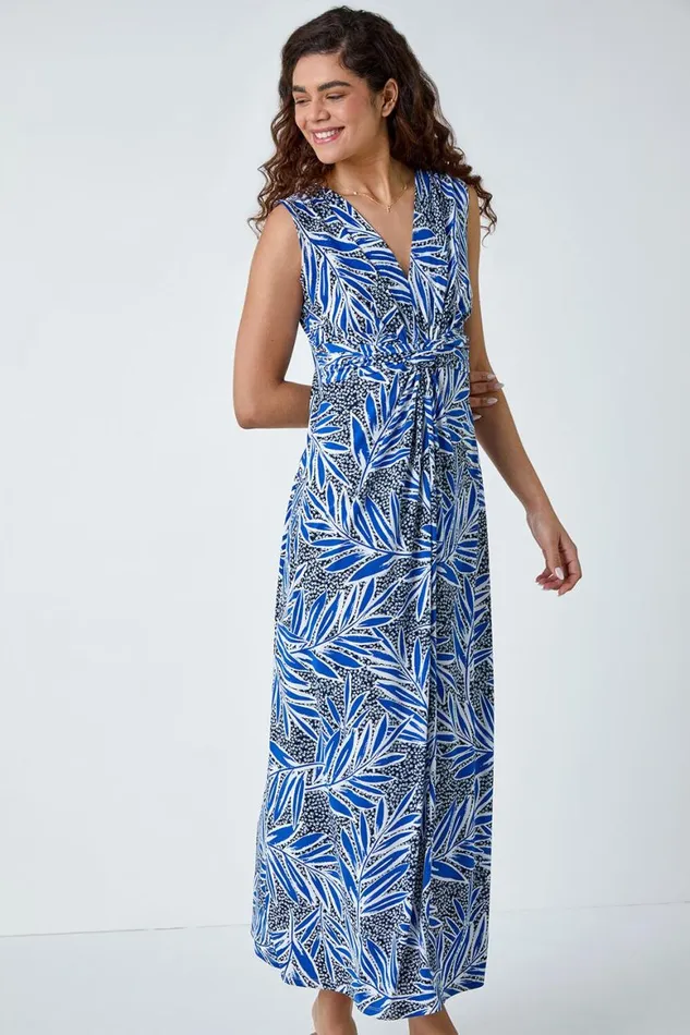 Women Navy Tropical Puff Print Twist Stretch Maxi Dress Roman Dresses
