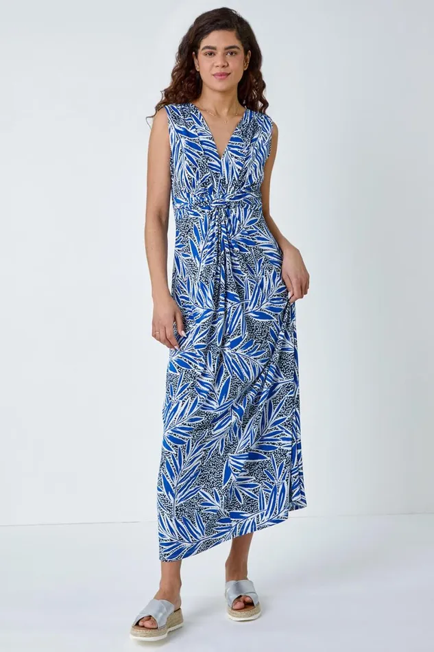 Women Navy Tropical Puff Print Twist Stretch Maxi Dress Roman Dresses