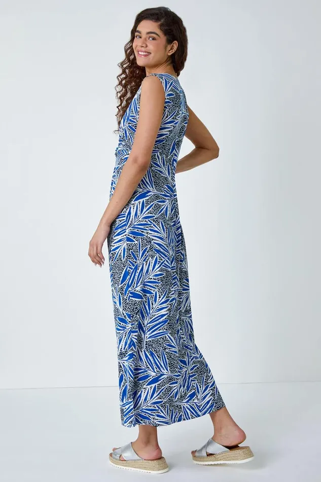 Women Navy Tropical Puff Print Twist Stretch Maxi Dress Roman Dresses