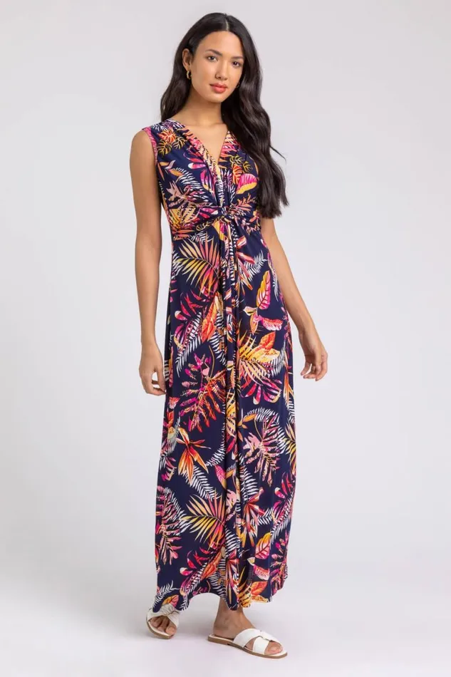 Women Navy Tropical Twist Stretch Ruched Maxi Dress Roman Dresses