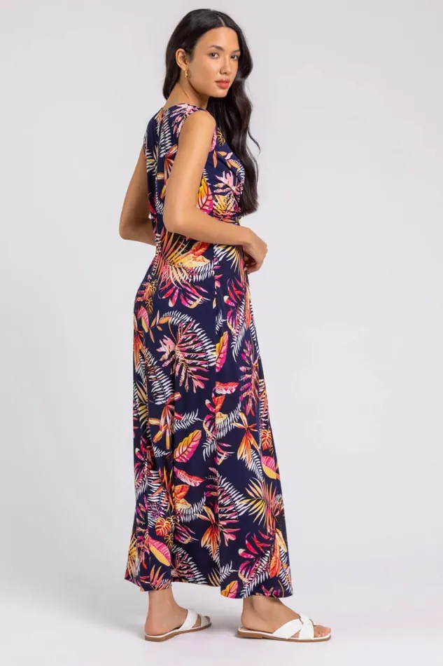 Women Navy Tropical Twist Stretch Ruched Maxi Dress Roman Dresses